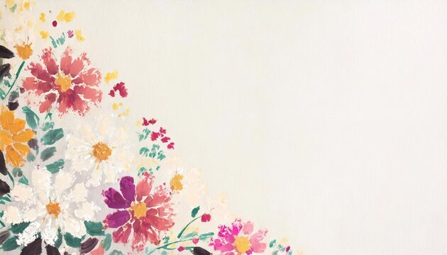 Colorful flowers on white paper background with copy space for text.