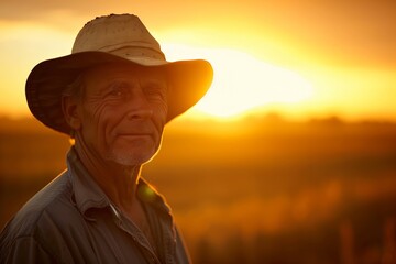 Cowboy facing a bright sunset in the countryside