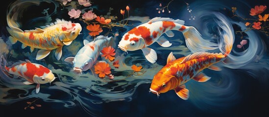 A beautiful painting depicting a group of electric blue koi fish swimming gracefully in a tranquil pond, showcasing their colorful fins and tails underwater - Powered by Adobe