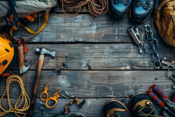 Climbing equipment, Helmet, Hammer, Carabiner, Trekking shoes and Other set on wooden background.