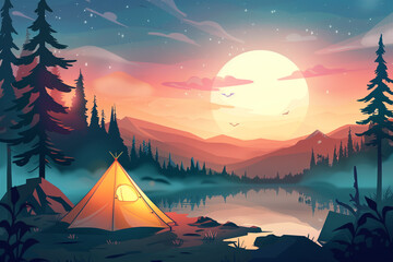 Camping in beautiful nature landscape. Road trip, travel and vacation concept