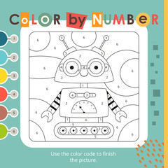 Activities for kids.  Color by numbers – little robot. Logic games for children. Coloring page. Games for children. Vector illustration. Square format.