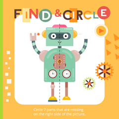 Robot activities for kids. Find the missing piece for picture. Vector illustration. Matching game. Square page for Activity Book.