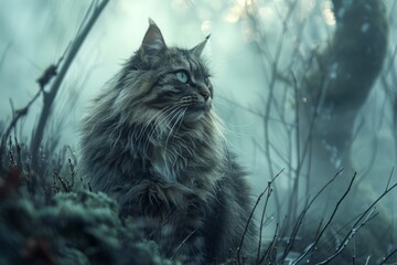 Majestic Long-haired Cat in Mystic Forest Environment with Ethereal Fog and Moody Atmosphere