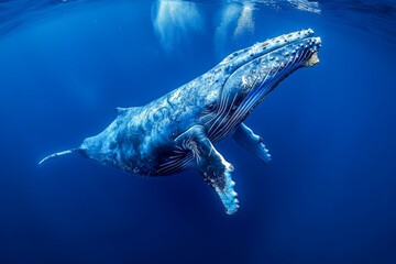Majestic Humpback Whale Gliding Through Deep Blue Ocean Waters with Sunlight Illumination
