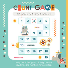 Robot  activities for kids. Count game with number key. Vector illustration. Math game. Square page for Activity Book.
