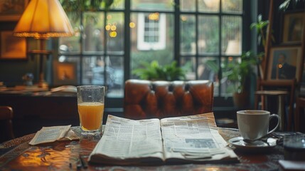 Cozy office at home. Morning daily newspaper on the table. Grandpa's breakfast concept. Juice and coffee. An old man's morning routine. Old fashion news paper.