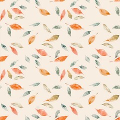 Watercolor delicate seamless pattern with autumn leaves on light beige background