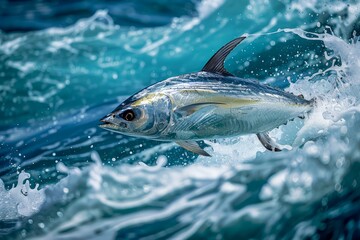 Fototapeta premium Dynamic Ocean Scene with a Single Tuna Fish Swimming near Surface Water Creating Splashes