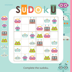 Robot Puzzle game for children. Robotic Creatures in Sudoku. Vector illustration. Robot Sudoku for kids activity book. Book square format.