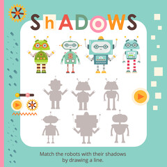 Cute Robot activities for kids. Find the correct shadow for robots. Vector illustration. Book square format.