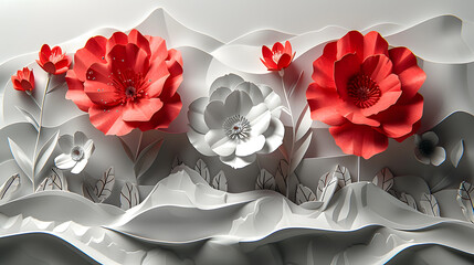 Festive Floral Arrangement, Vibrant Paper Cut Flowers in Botanical Art 3D Render, Colorful Celebration Decoration, Handmade Flower in Background Design.