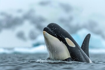 Fototapeta premium Majestic Orca Whale Emerging from Ocean Waters with Splashing Background in Natural Habitat