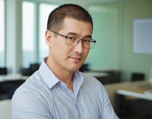 An asian young businessman in glasses and shirt