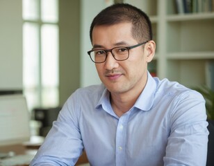 An asian young businessman in glasses and shirt