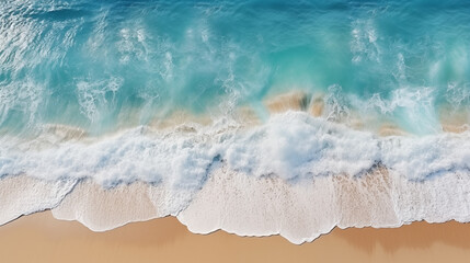 Fototapeta premium Aerial top view of beautiful tropical white sand beach. Summer seascape beautiful waves, blue sea water in sunny day. Top view from drone.