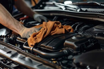 Close up hand of mechanic cleaning car engine with microfiber cloth. Auto detailing professional service.