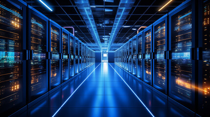 Fototapeta premium Futuristic data center with rows of server racks ai generated background image