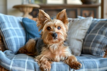 Plakat Adorable Yorkshire Terrier Lying Comfortably on a Checkered Blue Couch in a Cozy Home Setting, Looking at Camera with a Cute Expression