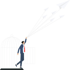 Freedom, Businessman escape from birdcage by paper planector Icon

