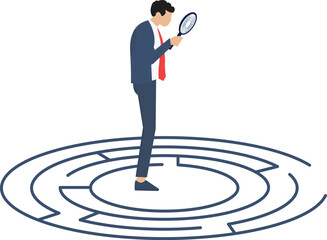 Businessman standing in the center of a maze trying to find way out-Business problem solution

