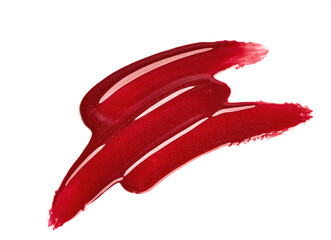 Lip gloss sample isolated on white. Smudged red lip gloss. Makeup product sample.