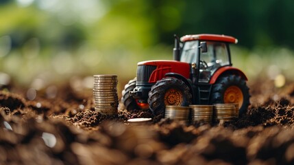 a toy tractor and stacks of coins