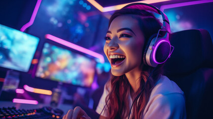 A smiling Young Asian girl, a Gamer streamer with headphones, playing video games, Leading an Online Broadcast, rejoicing at Victory in a room with neon lighting. Cyber Sports, Team Games, Esports.