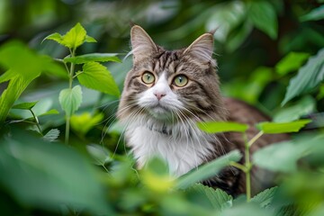 Majestic Domestic Long-Haired Cat Hiding in Lush Green Foliage, Focused Gaze with Vivid Natural Background