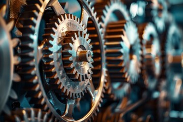 Close up of engine gear wheels, industrial background. - obrazy, fototapety, plakaty