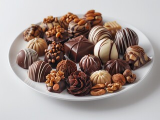 Various chocolate and nut candies on a dessert plate.