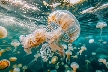 Majestic Jellyfish Floating Gracefully beneath the Ocean's Surface Surrounded by Shoal of Tiny Jellies
