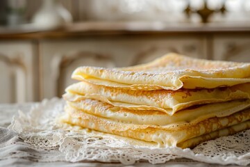 Delicate Crêpes Served on Vintage Lace Tablecloth, a Nod to Elegance