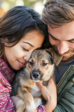 A couple with their adopted pet, highlighting the joy and companionship pets bring to child-free families.
