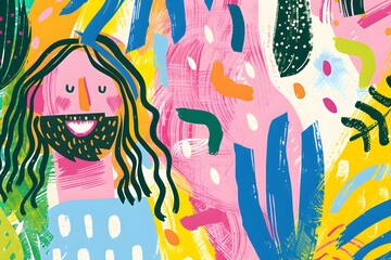 Cartoon illustration of Jesus Christ for kids - childish abstract background