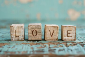 Wooden blocks with the word love, light blue background.