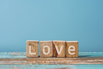 Wooden blocks with the word love, light blue background.