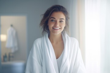 a hotel suite, as a young lady luxuriates in a soft bathrobe, emanating tranquility and relaxation amidst the lavish setting. - obrazy, fototapety, plakaty