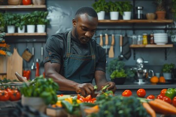 black A focused man in an apron skillfully slices vegetables on a countertop in a well-equipped, contemporary kitchen, surrounded by fresh ingredients and cooking tools. - Powered by Adobe
