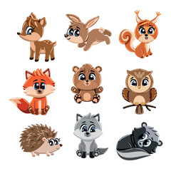 Woodland animals set isolated on white background.