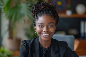black business woman smiling and leaning on office desk while looking at camera in a modern and bright office. Business woman concept