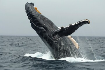 Fototapeta premium Majestic Humpback Whale Breaching Ocean Surface with Powerful Energy and Natural Elegance Against Overcast Sky