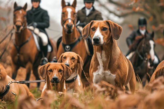 Traditional Fox Hunt Scene with Elegant Horse Riders and Hounds in the Countryside