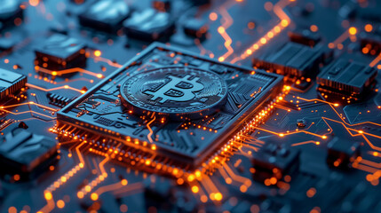 A conceptual image of a Bitcoin token on a detailed circuit board highlighting cryptocurrency technology and digital finance.