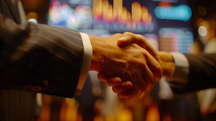 A close-up image capturing a firm handshake between two professionals in suits, set against a backdrop of glowing financial data screens. - obrazy, fototapety, plakaty