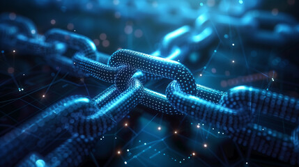 Abstract digital art of a blockchain network with a focus on secure connections and advanced technology against a bokeh light background.