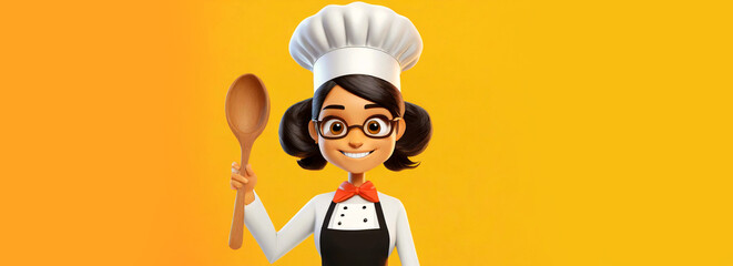 3D cartoon character of a female chef, holding a wooden spoon, looking at camera. On a yellow and orange background with copy space. Generative Ai.