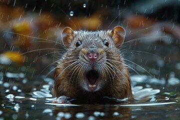 A startled rat stands in the rain, its wide-eyed expression and the concentric ripples of water telling a tale of adaptability and resilience