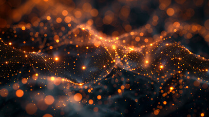 Digital visualization of a vast network of golden nodes interconnected to form a complex and intricate pattern on a dark background.