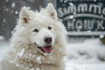 Cheerful White Samoyed Dog Enjoying Snowfall Near Wooden House Sign During Winter Season